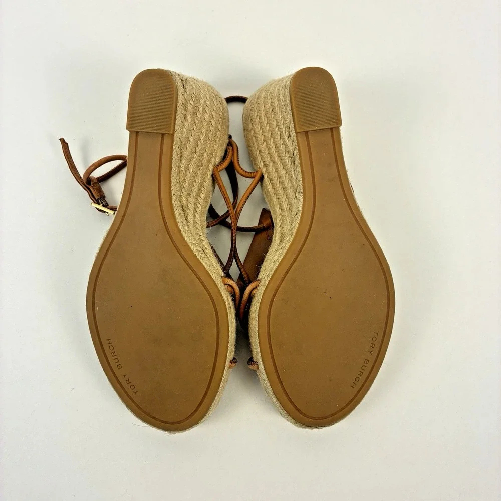 Tory Burch Brown Diamond Patch Espadrille Wedge Strappy Sandal Women's Size 7